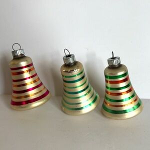 3 Vintage Shiny Brite Bell Ornaments Striped Silver Pink Green Set Lot 3” Glass